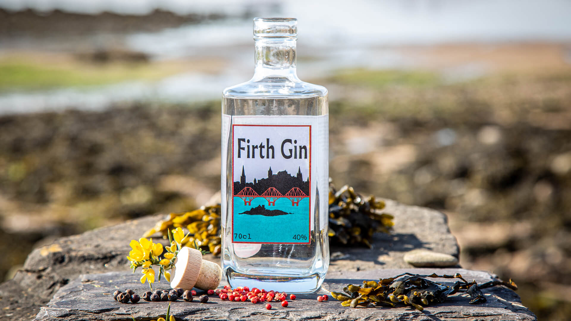 Firth Gin bottle close up beach background craft scottish gin edinburgh